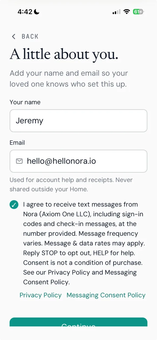 The profile screen where you enter your first name and contact information.