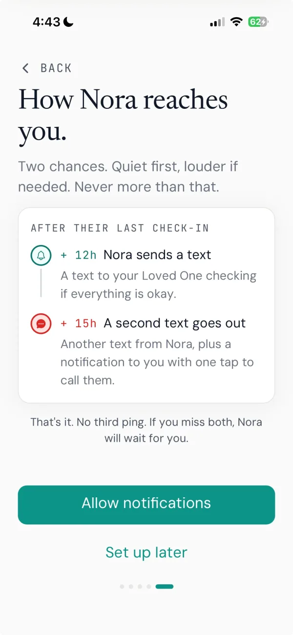 Nora's notifications screen with the Allow notifications button.