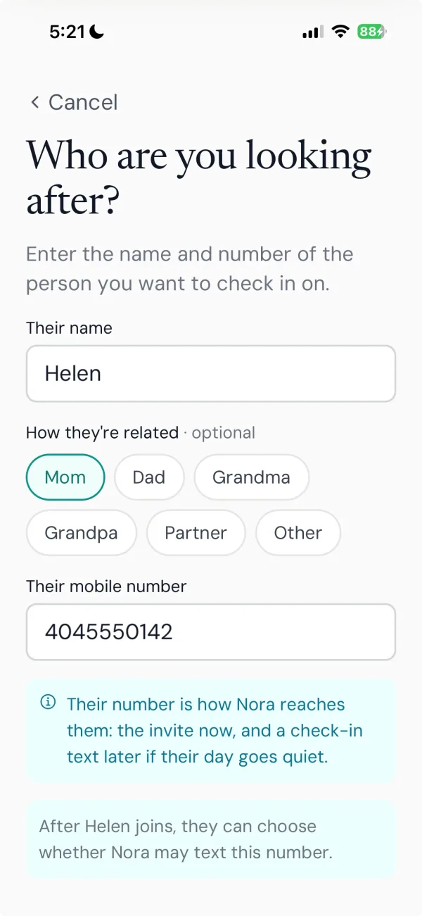 The invite screen asking for your loved one's name, your relation, and their phone number.